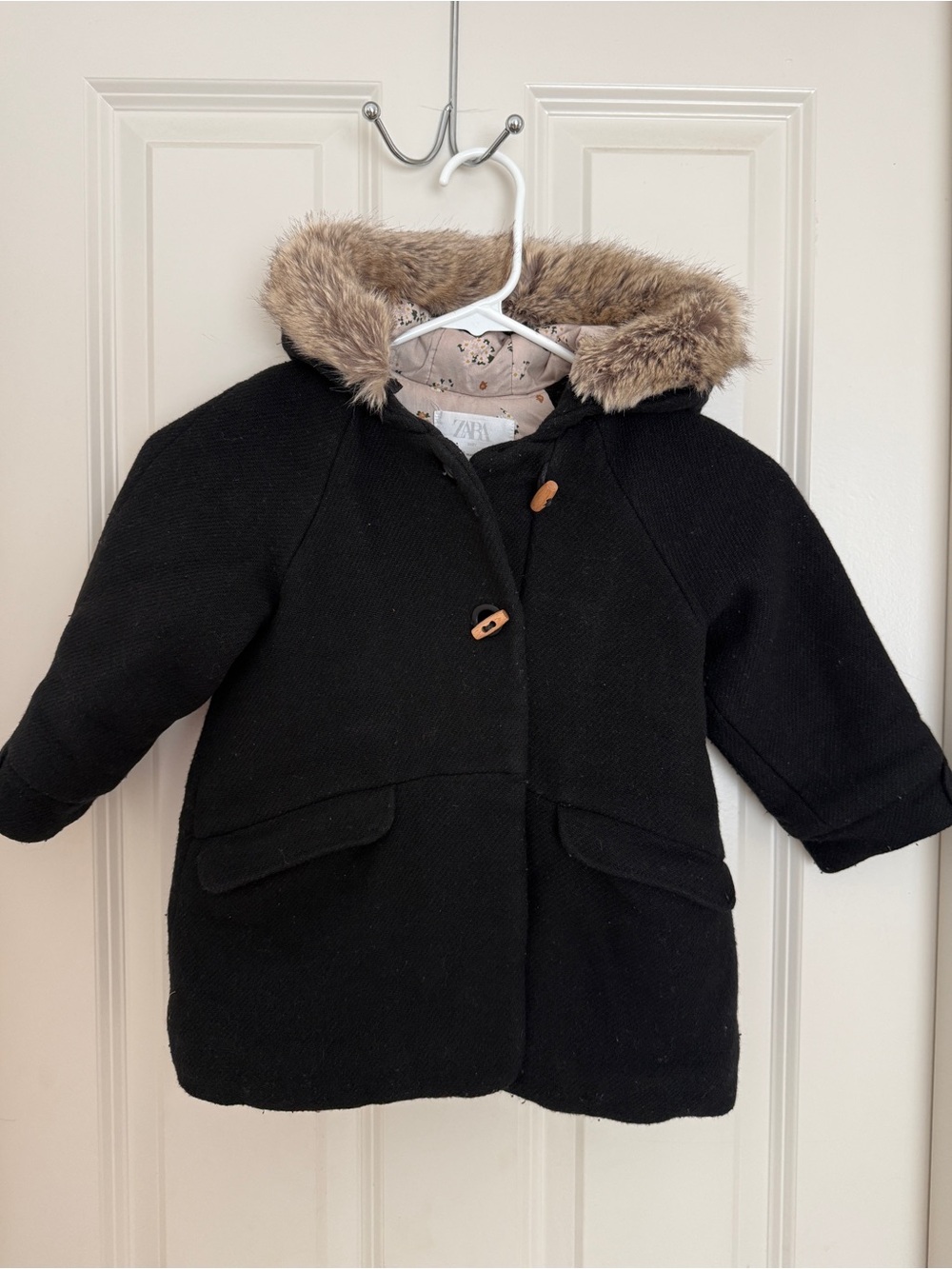 Zara Black Girls' Hooded Coat with Faux Fur Trim